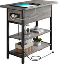 Yoobure End Table with Charging Station, Flip Top Side Table with USB Ports and Outlets, Sofa Couch Table Bedside Table for Living Room Bedroom, Narrow Nightstand with Shelves for Small Space Gray
