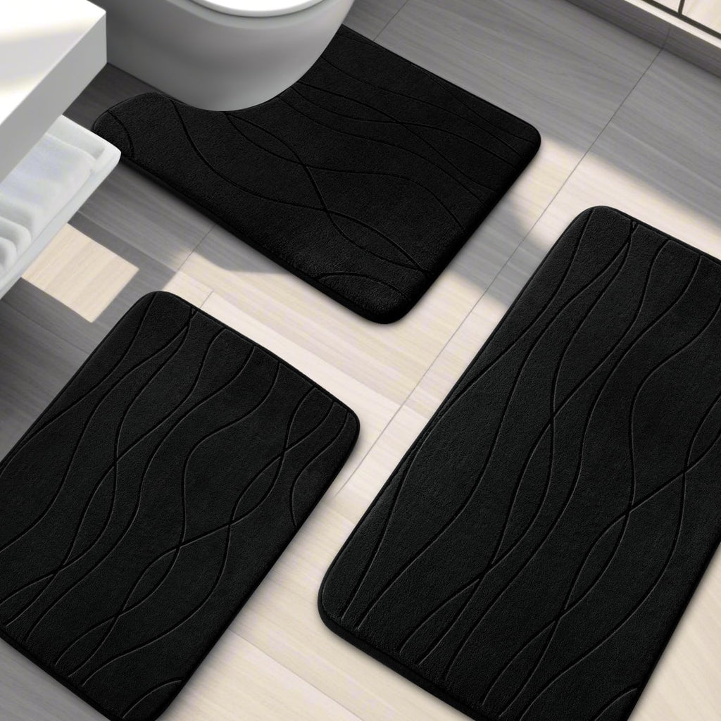 YIHOUSE Bathroom Rugs Set 3 Piece, Memory Foam Bath Mat Black