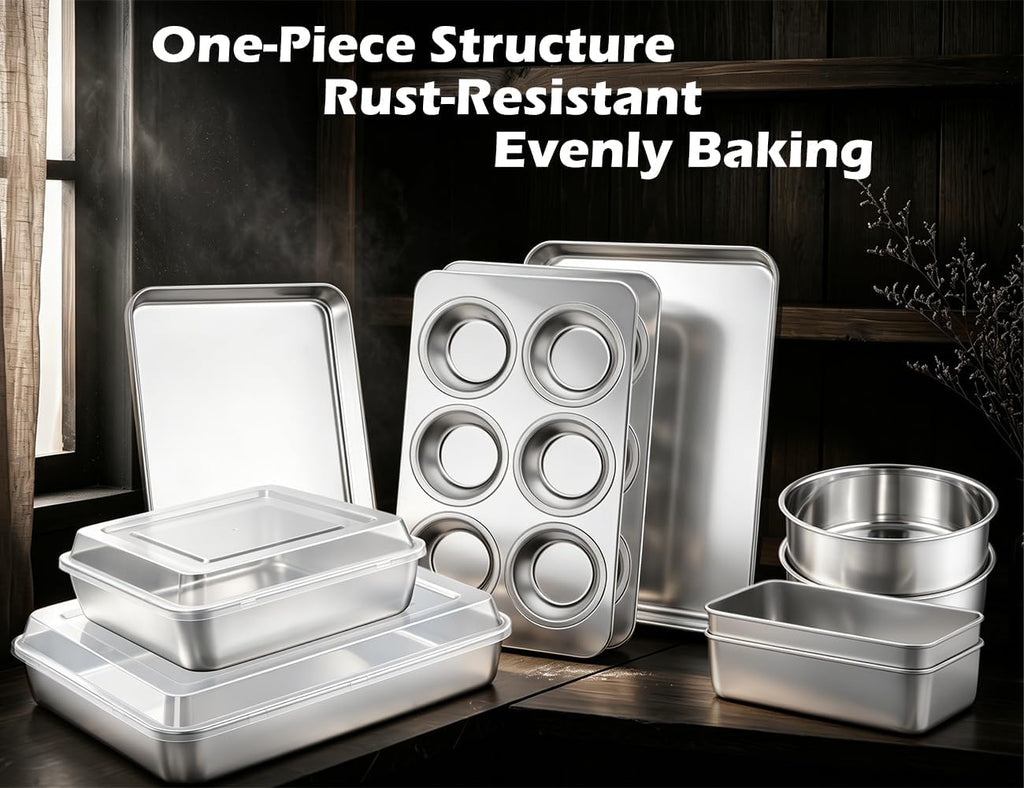 Leonyo Non-Toxic Stainless Steel Bakeware Baking Sheet Set of 10 with Lid