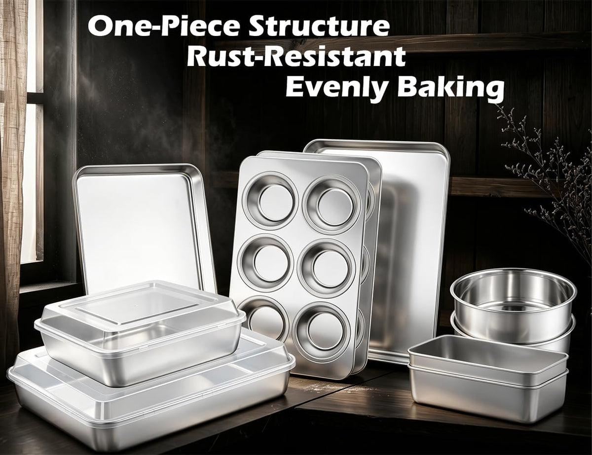 Leonyo Non-Toxic Stainless Steel Bakeware Baking Sheet Set of 10 with Lid