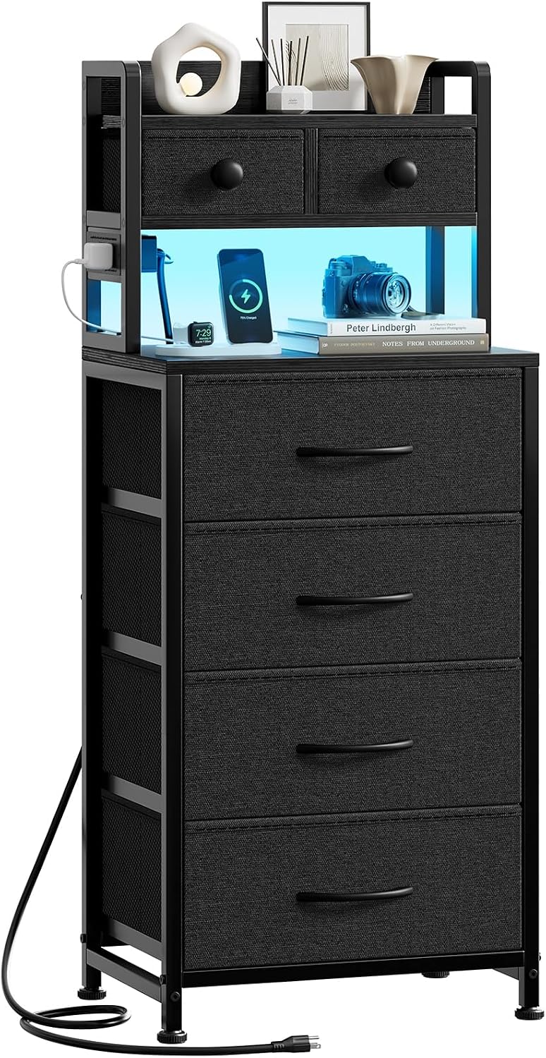 REAHOME 41 Inch LED Nightstand with Charging Station Dark Gray
