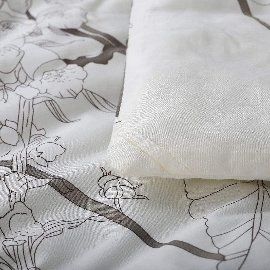 SLEEPBELLA Comforter King Size, 600 Thread Count Cotton Brown Branches and Blue Flowers Off-White Comforter Sets, Down Alternative Bedding Set 3Pcs(King, Off-White Botanical)