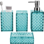 Bathroom Accessory Set, Grid Pattern 4 Pcs Plastic Bathroom Set, Teal Blue