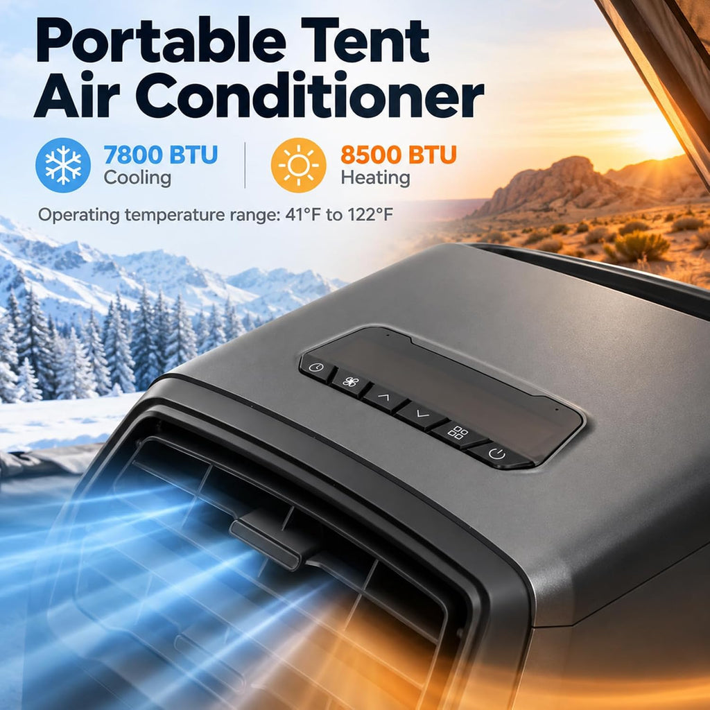 8000 BTU Portable Camping Air Conditioner & Heater, Tent Air Conditioner 5-in-1 AC Unit, with Cooling, Heating, Fan, Dehumidifier, Sleep Mode, Dual Hose, for Tent, RV, Fishing, with Remote Contro