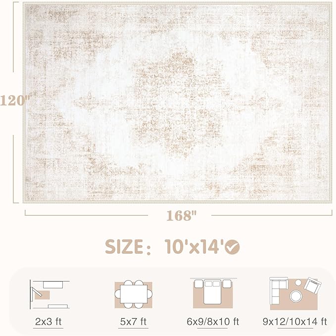 Area Rug 10x14 Vintage Rugs: Large Washable Living Room Rug Retro Medallion - Image 2