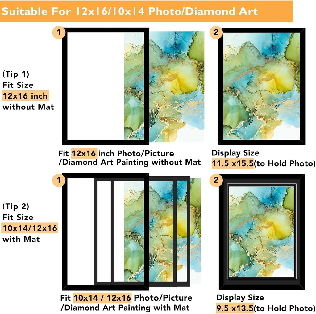 12x16 Double Floating Mat Wood Picture Frame, for 30 x 40cm Diamond Art Painting with Double 10x14 Black Mat, 10x14 Matted Frame with Shatter Resistant Plexiglass, 2 Pack, Black
