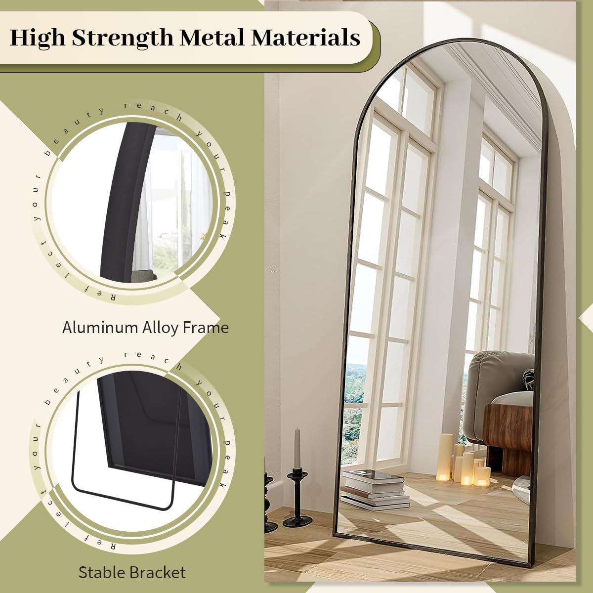 BEAUTYPEAK 65"x24" Full Length Mirror, Arch Full Body Floor Mirror, Wall Mirrors Hanging or Leaning Arched-Top with Stand for Bedroom, Dressing Room, Black