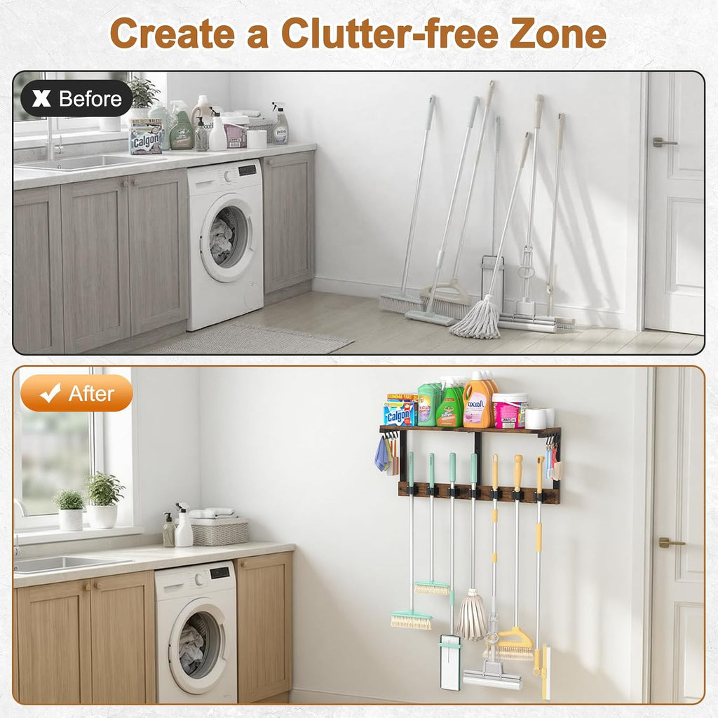 Housolution Wall Mount Broom Holder Hanger Laundry Room Storage Shelves