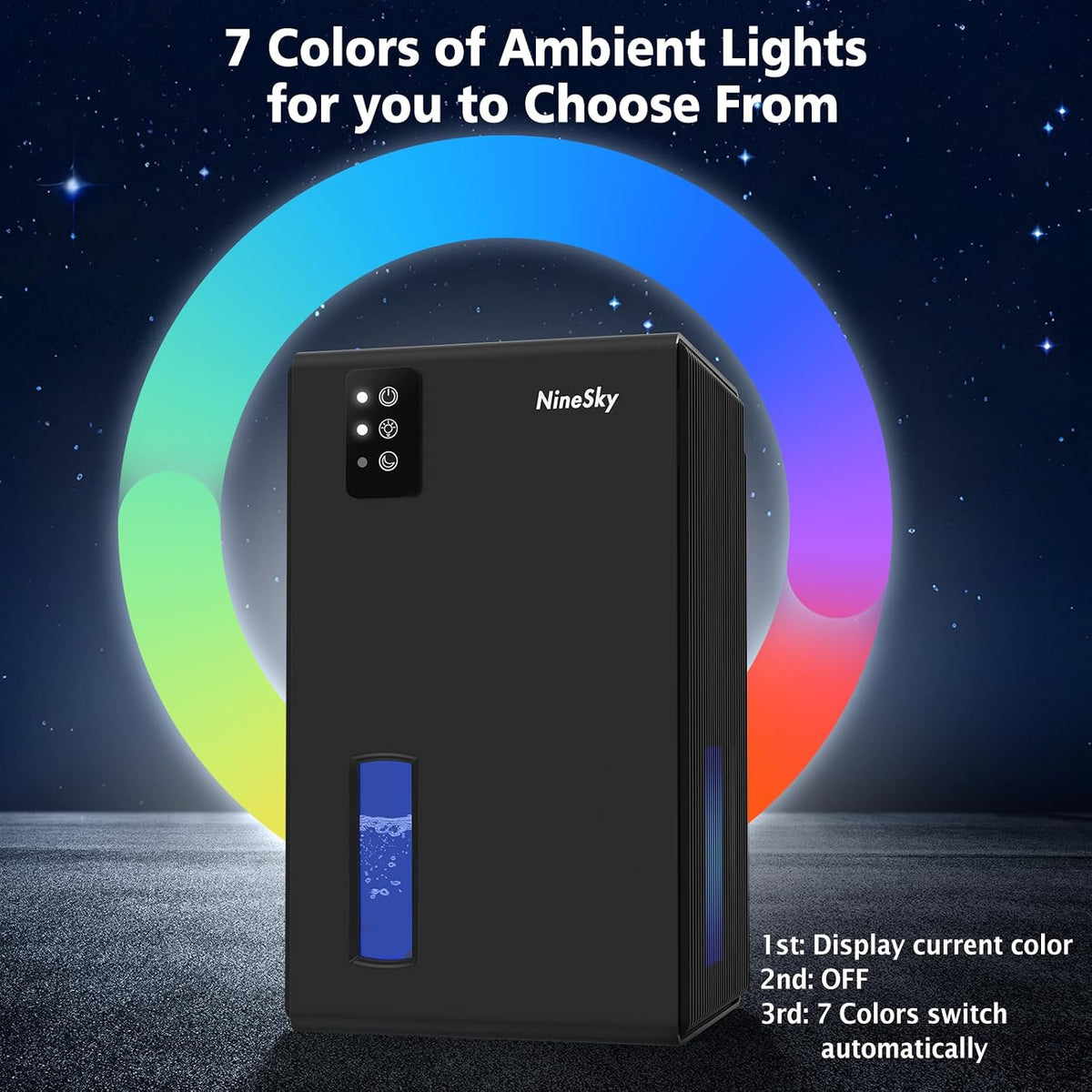 NineSky Dehumidifier, 1000 sq.ft Dehumidifiers for Home with 95oz Large Water Tank,Quiet Dehumidifier with 7-Color Ambient Light & Auto Shut Off, Dehumidifier for Basement, Bedroom, Bathroom (Black)