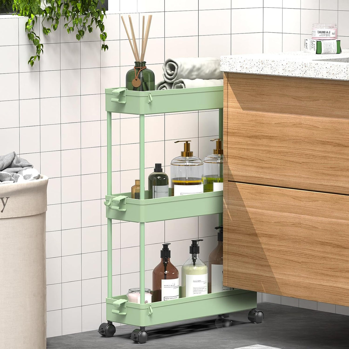 SPACEKEEPER Slim Rolling Storage Cart, 3 Tier Bathroom Cart Organizer,Green