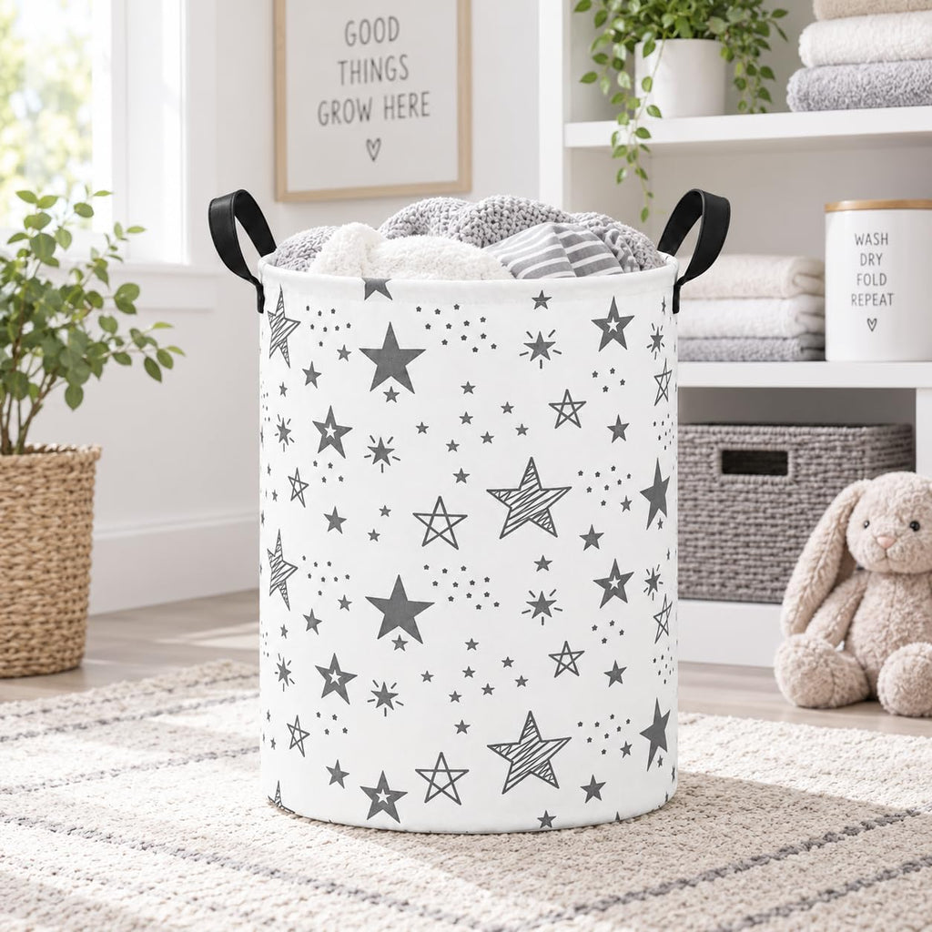 Collapsible Kids Laundry Basket Clothes Hamper, Foldable Storage Organizer Bin, Toy Clothes Storage with Handles for Boys Girls Bedroom, Room Decor Grey Star