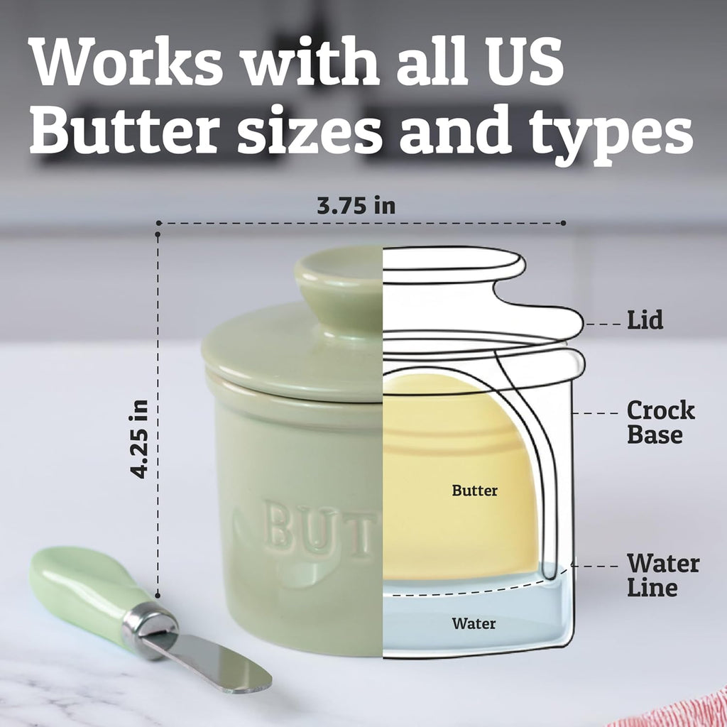 Priority Chef Butter Crock with Lid for Countertop with Spreader Knife and Water Line, Soft Spreadable Butter, Ceramic French Butter Dish with Lid, Sage