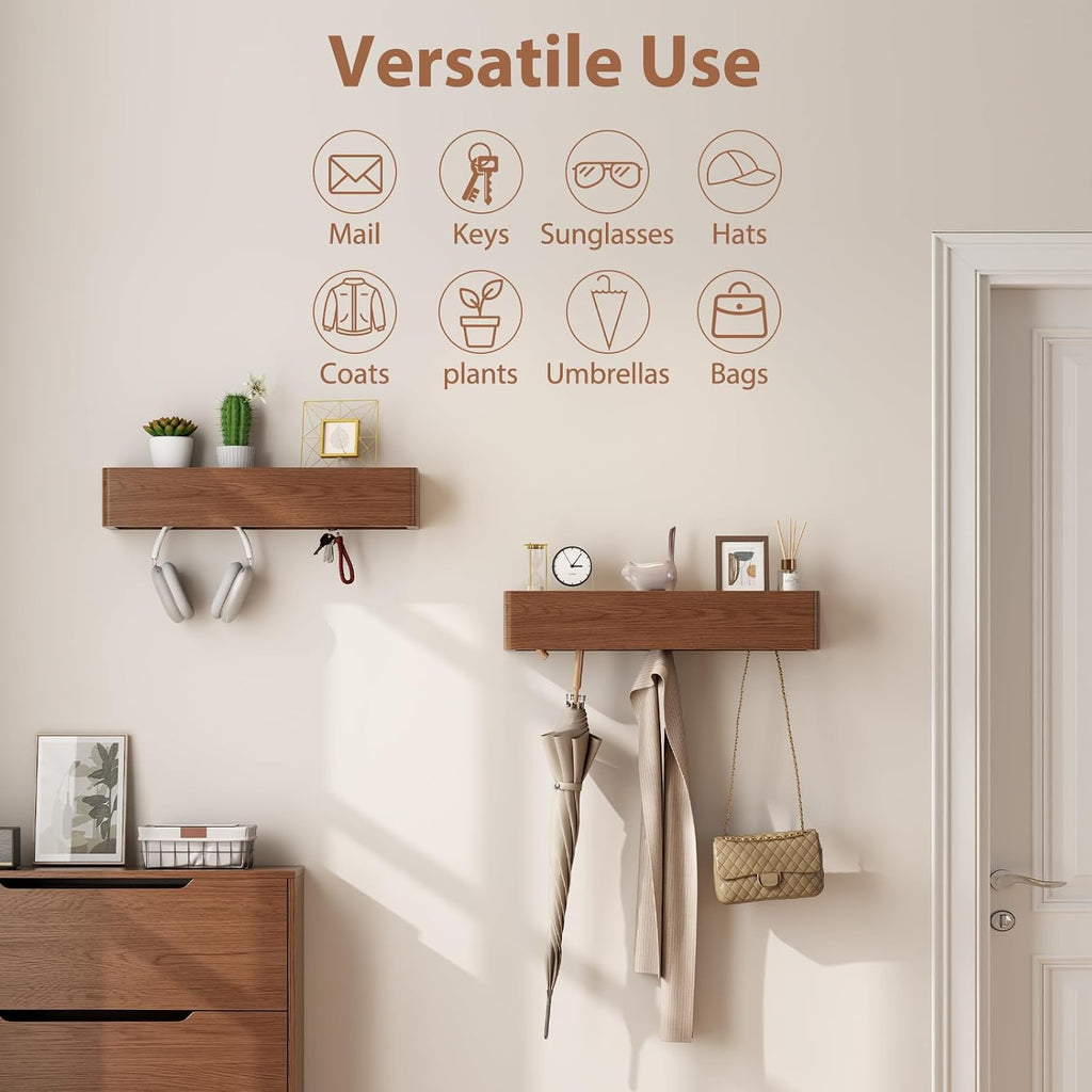 CycleCrew Solid Wood Wall Mounted Coat Rack with Shelf Hooks - Modern Floating Shelves with 5 Hidden Hooks, Heavy Duty Entryway Coat Key Holder Hanger for Hallway Bathroom Bedroom Home Decor