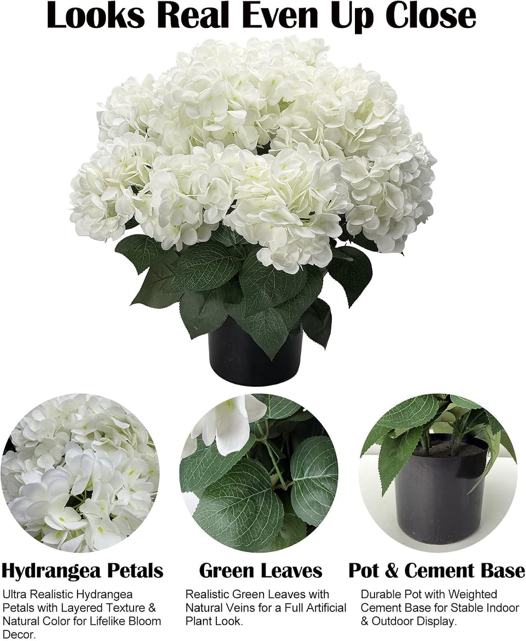 20” Artificial Hydrangea Plants Outdoor in Pots, Faux Hydrangea Bushes for Front Porch, Realistic White Fake Flowers for Patio Garden Indoor Home Decor