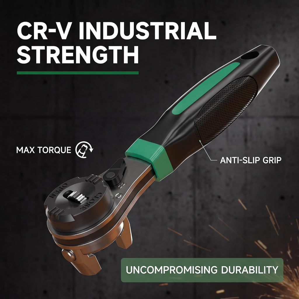 Adjustable Ratchet Wrench, Universal 6.35mm-22.2mm (1/4"-7/8") CR-V Steel Ratcheting Wrench, Non-Slip TPR Handle, Self-Adjusting Multi-Size Wrench for Auto, Motorcycle, Machinery & Home Repair