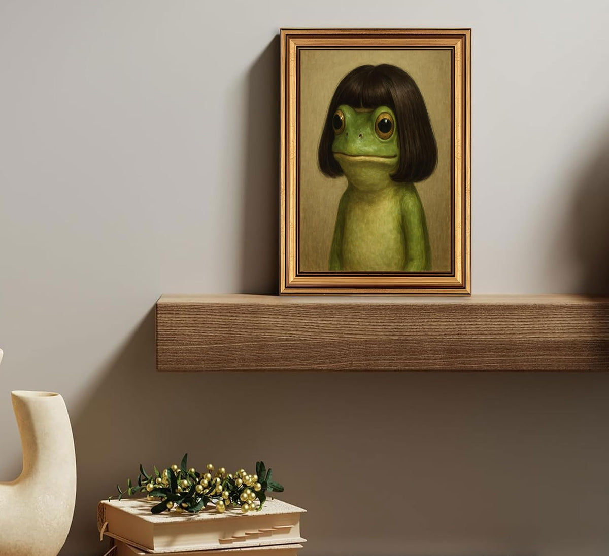 Vintage Gold Framed-Whimsical Frog Wall Art,Eclectic Frog Canvas Prints,Retro Animal Picture Artwork Wall Decor for Living Room Bedroom Bathroom 9x11-inch