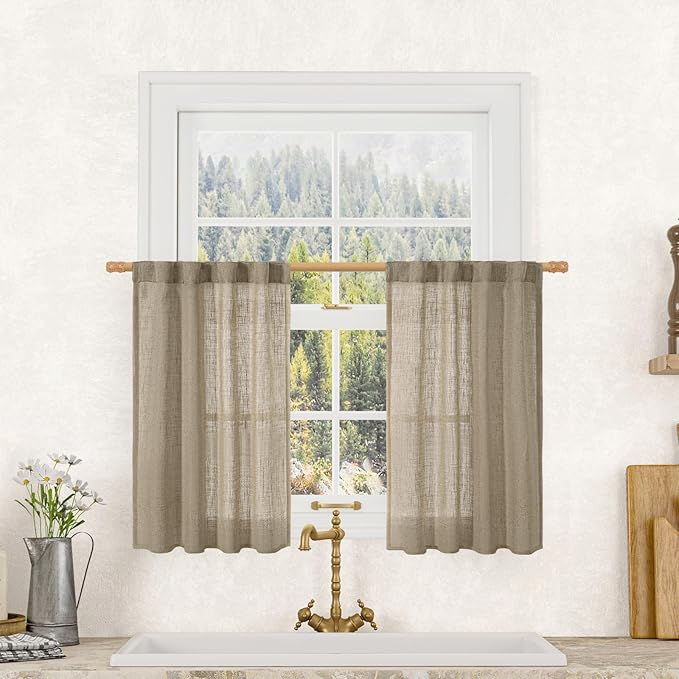 LAMIT Taupe Linen Curtains 30 Inch Length, Semi Sheer Light Filtering Window by LAMIT