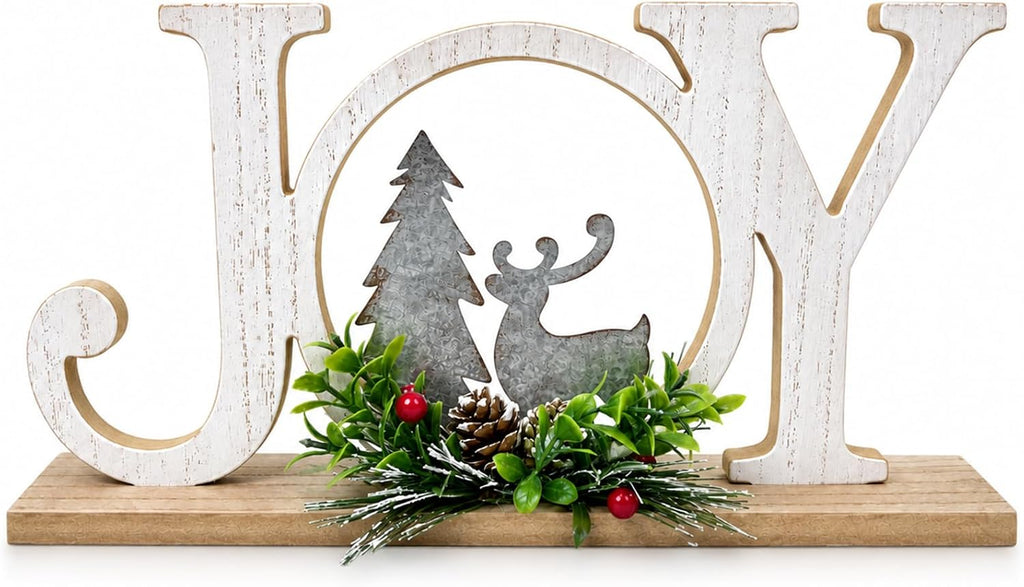 Christmas Table Decorations Joy Farmhouse Christmas Tree Elk Sign Wooden Winter Rustic Decor Vintage Holiday Block for Home Kitchen Xmas Party Mantel Tiered Tray Gift