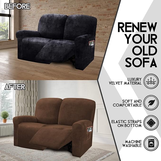 ULTICOR Reclining Love Seat Slipcover, 6-Piece Velvet Stretch Loveseat - Image 6