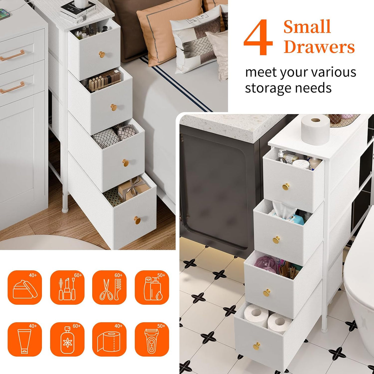 Fixwal Narrow Storage Cabinet, Slim Dresser with 4 Fabric Drawers, White