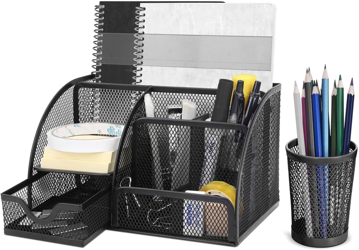 Flexzion Desk Caddy Organizer Set (Black) - Metal Mesh Desktop Caddy with Drawers, 6 Compartments, and Pencil Holder for Women & Men - Desktop Organizer and Storage for Work or Office Supplies