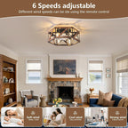 6-light retro style semi-inset ceiling fan lamp, 20 inches, Retro-style antique wooden ceiling fan with light，low-profile ceiling fan lamp, suitable for vacation cabins, bedroom relaxation areas.