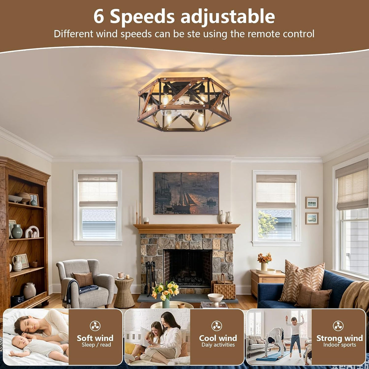 6-light retro style semi-inset ceiling fan lamp, 20 inches, Retro-style antique wooden ceiling fan with light，low-profile ceiling fan lamp, suitable for vacation cabins, bedroom relaxation areas.