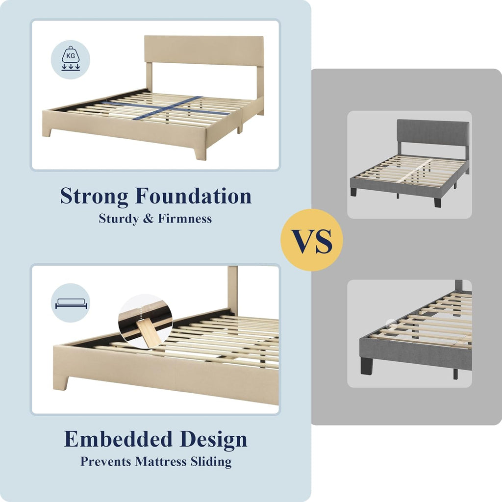 Allewie Queen Size Upholstered Bed Frame Adjustable Headboard, Beige