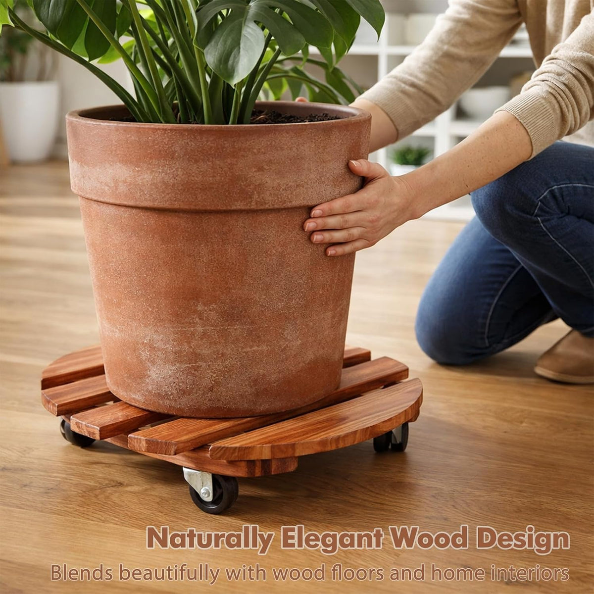 18 Inch Plant Caddy with Wheels, 6 Pack Rolling Plant Stand Rollers with Casters Wooden Plant Dolly with Wheels Heavy Duty Large Rolling Planter Base for Indoor & Outdoor Plants Wood Flower Stand