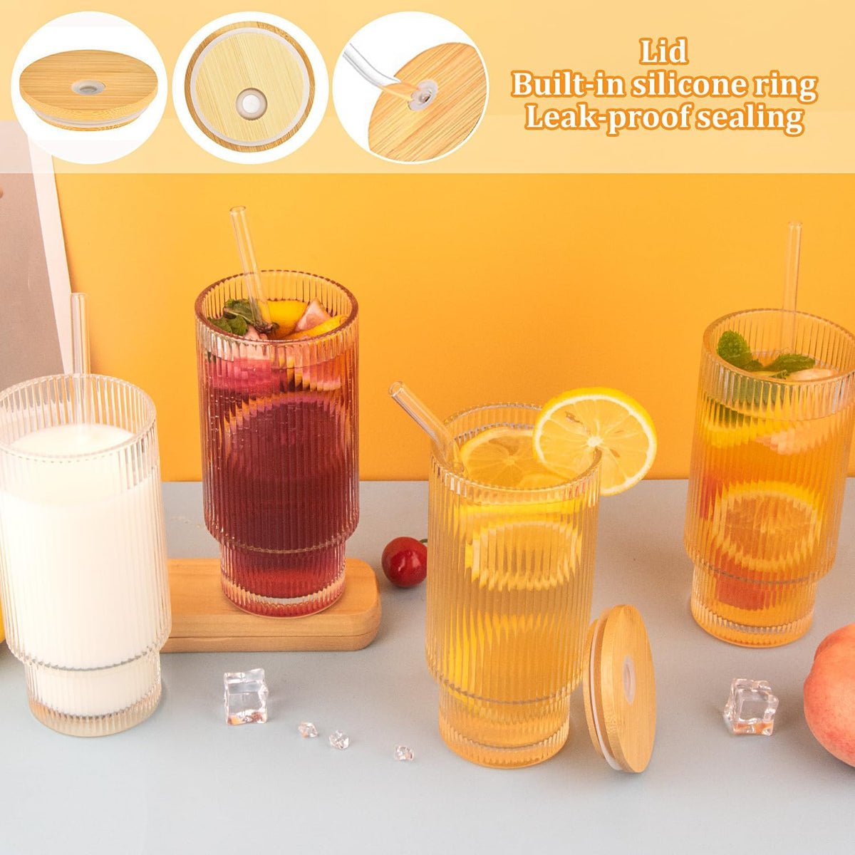 8 Pcs 11oz Ribbed Glass Cups With Bamboo Lids, Stackable, Vintage, Suitable for Coffee, Juice, Cocktails, Beer