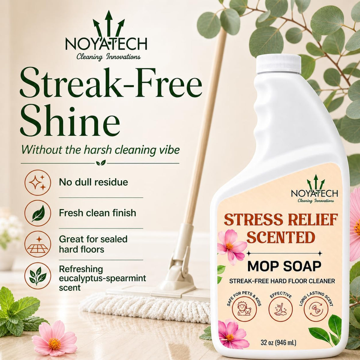 NOYATECH Scented Mop Soap – Eucalyptus & Spearmint Floor Cleaner for Sealed Hardwood, Tile, Laminate & Vinyl – Streak-Free Clean, 32 fl oz