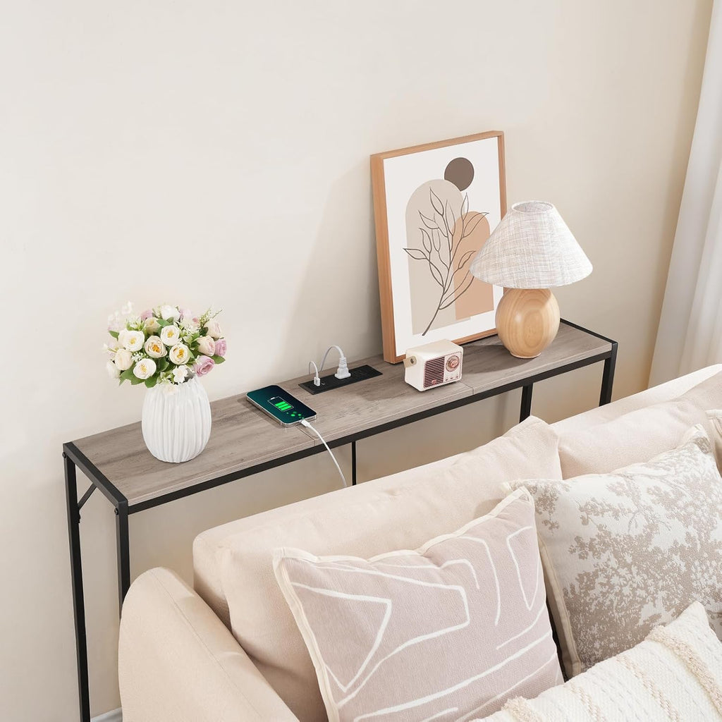 MAHANCRIS Narrow Console Table, 43.7" Sofa Table with Outlets, Greige