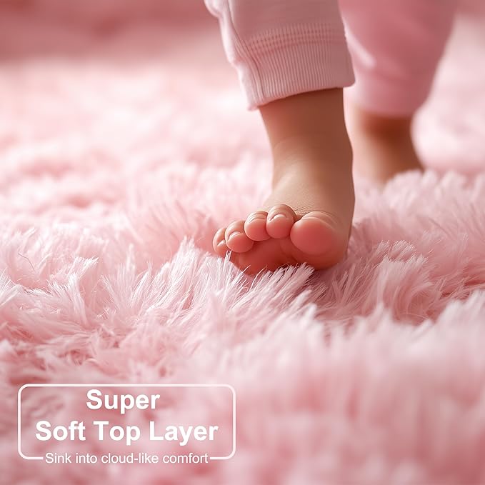 Pink Fluffy Round Rug 5Ft for Girls Bedroom Decor Aesthetic, Shaggy Circle Area - Image 2