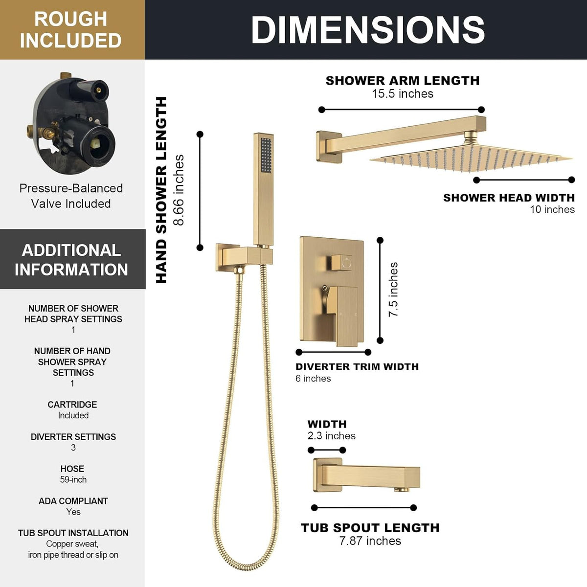 Lava Odoro Modern 3-Setting Square Shower and Tub Faucet Set with Shower Head and Handheld Sprayer Gold, Rainfall Shower System with Tub Spout, Shower Valve Trim Kit, Champagne Gold, SF103-CB-T