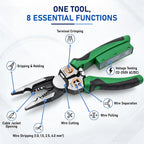 8‑in‑1 Wire Stripper Pliers, Non‑Contact Voltage Tester, Multi‑function electrician pliers for stripping cutting crimping, 12‑250V tester, fits auto HVAC home wiring maintenance, Green&Black