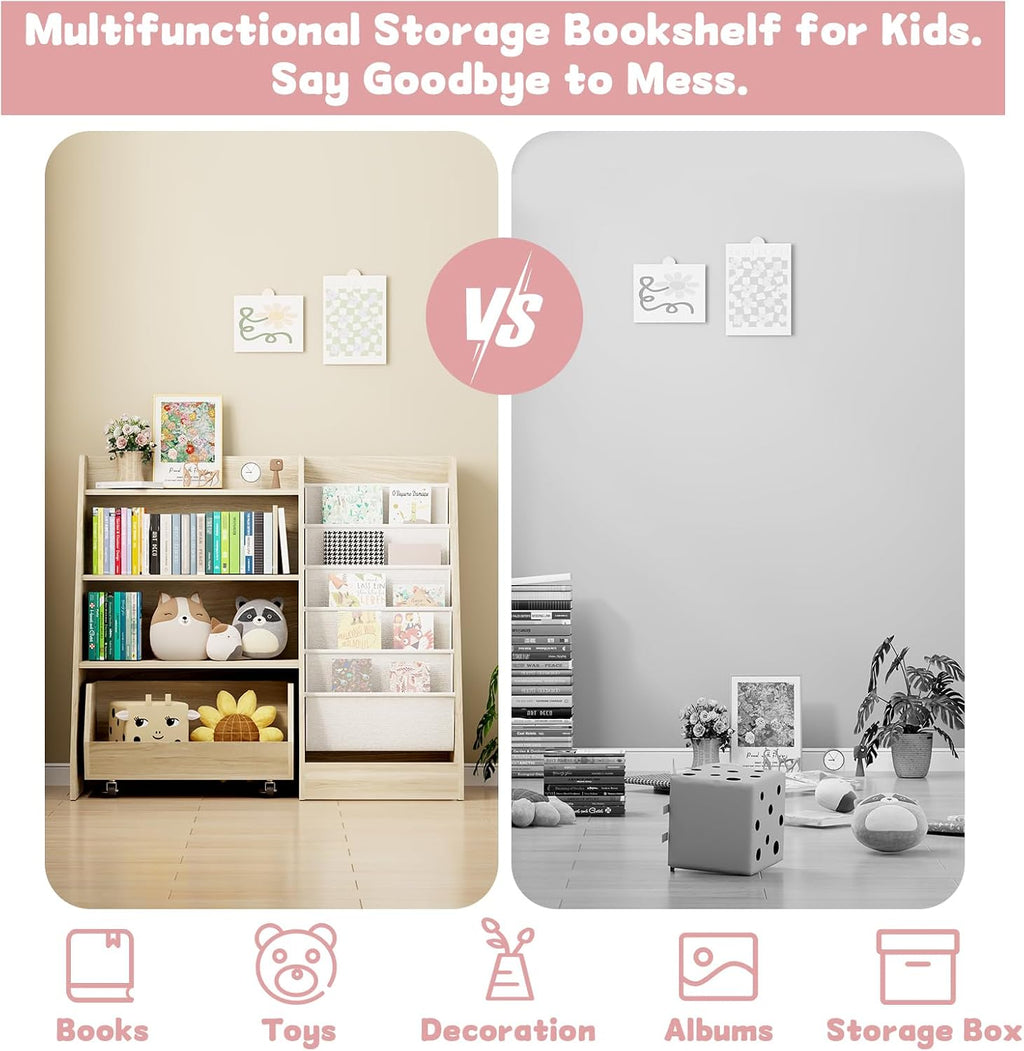 Kids Bookshelf, 4 Tier Toddler Bookcase with Toy Storage Drawer