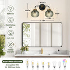 MOKATNG Bathroom Light Fixtures, 2-Light Green Vanity Lights with Unique Leaf Texture Glass Shade, Modern Matte Black and Gold Bathroom Wall Lamp for Mirror Hallway Cabinet Living Room