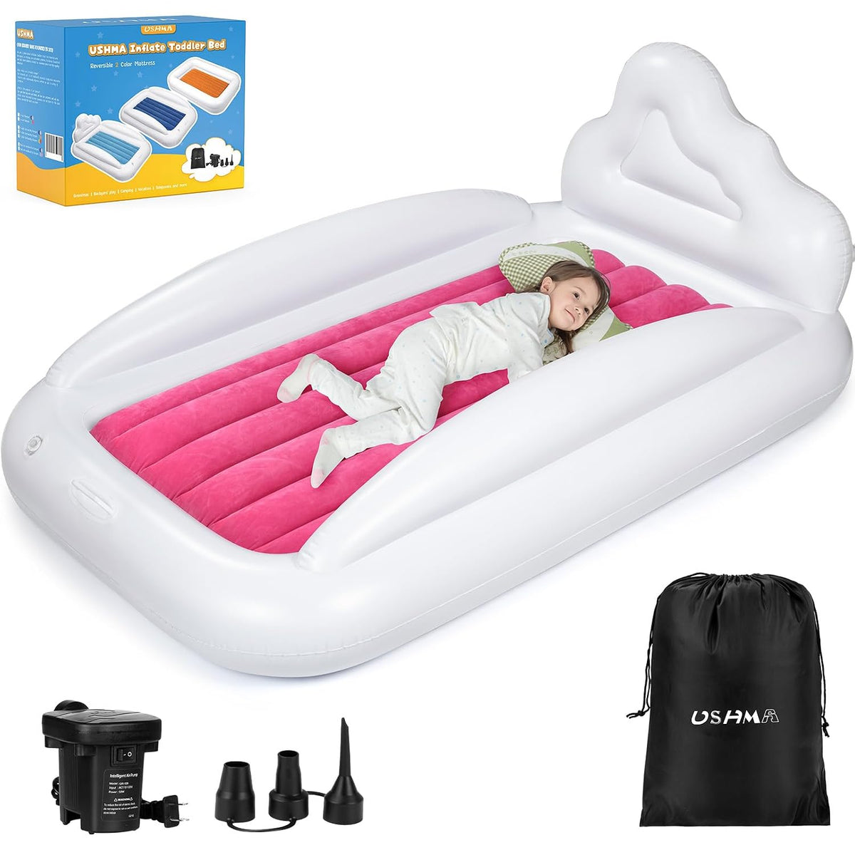 USHMA Inflatable Toddler Travel Bed, Reversible 2 Color Kids Air Mattress | Kids Blow up Mattress with Sides | Portable Toddler Bed for Travel, Sleepovers - Navy Blue & Grey