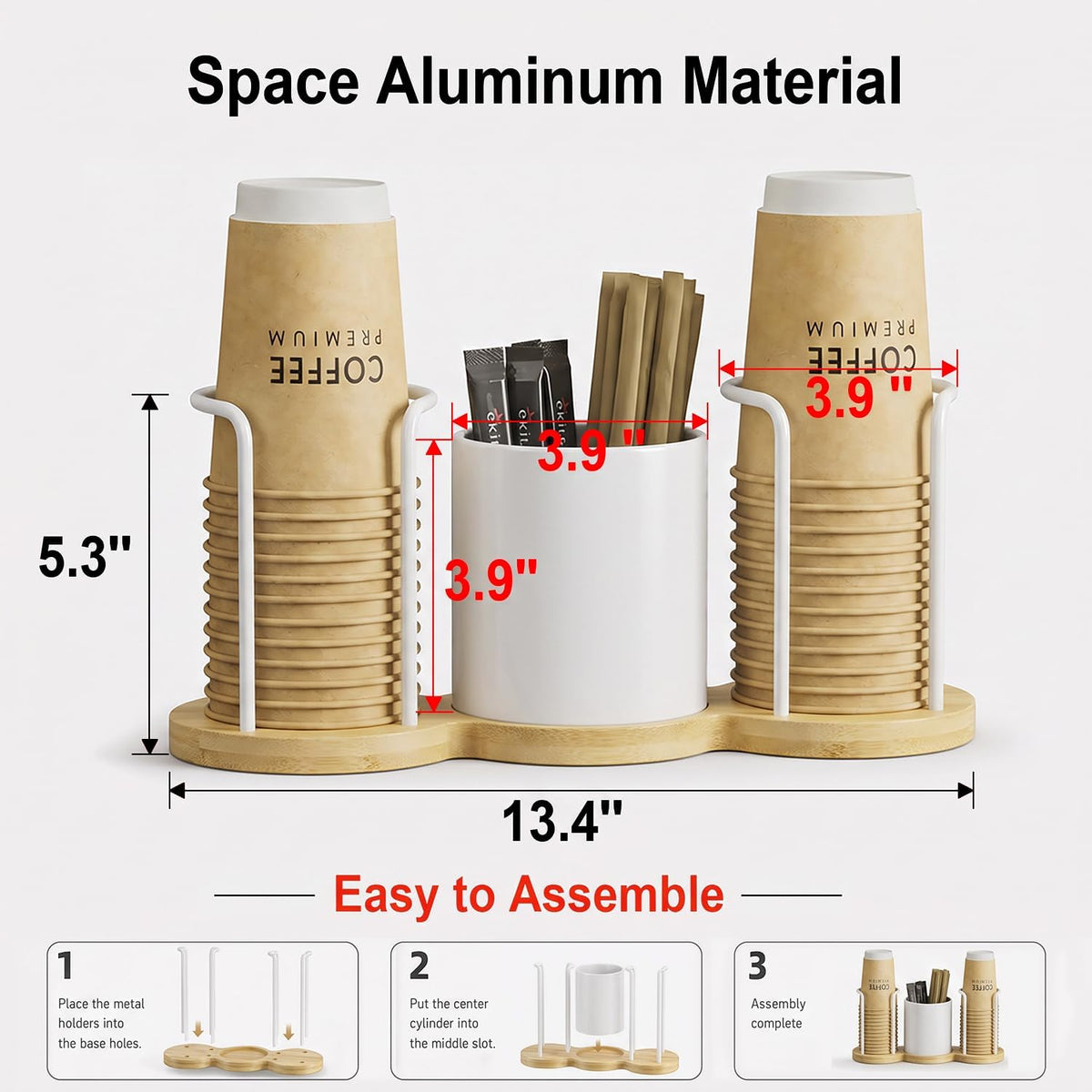 Coffee Station Organizer with Straw & Stirrer Storage Caddy for Cups Lids - Cup Mouth Dia 3.9", Disposable Paper Cup Holder Coffee and Tea Station Organizer for Coffee Bar, Office, Home Kitchen, White