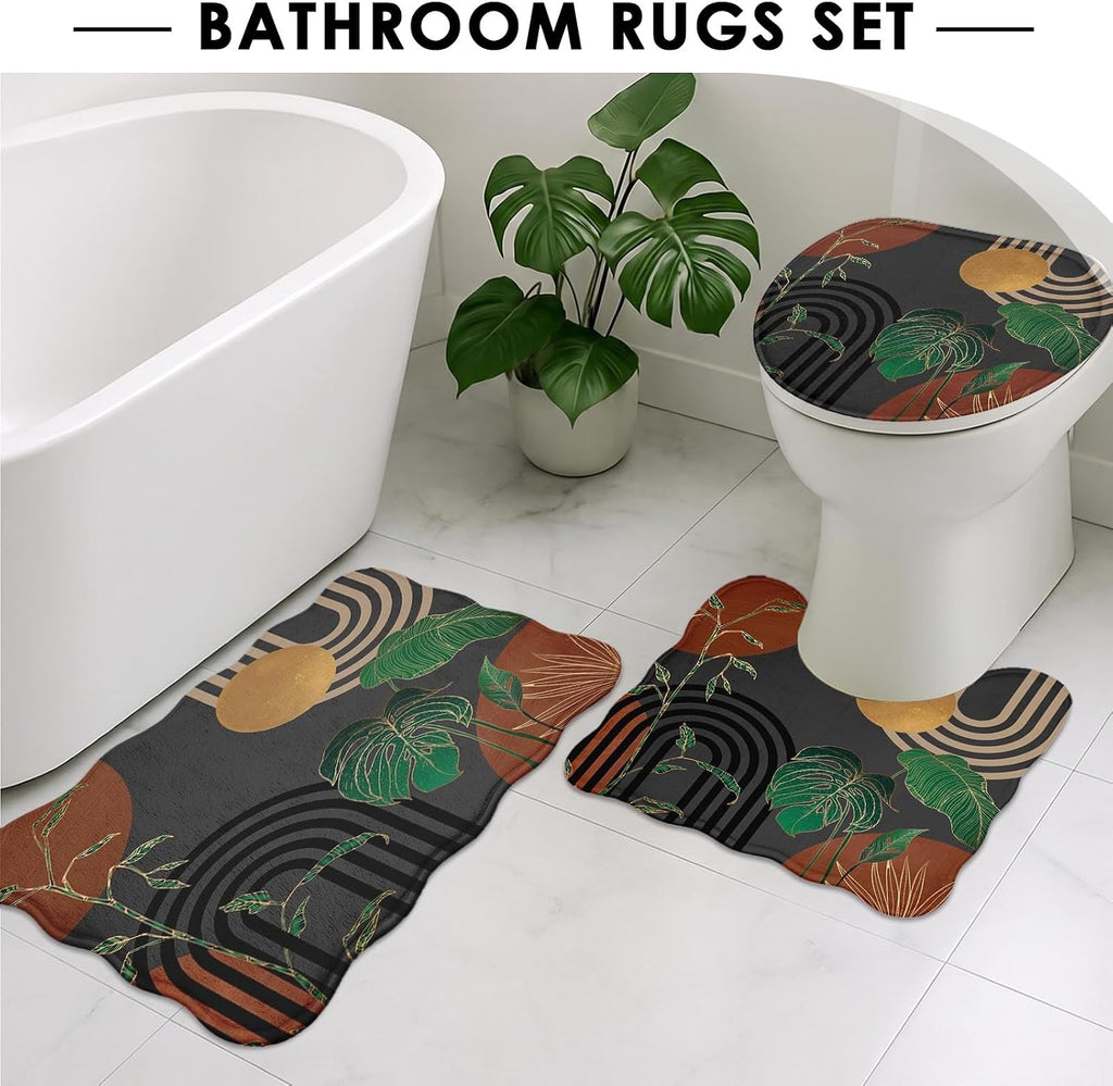 Scalloped Bathroom Sets with Shower Curtain and Rugs, Boho Retro