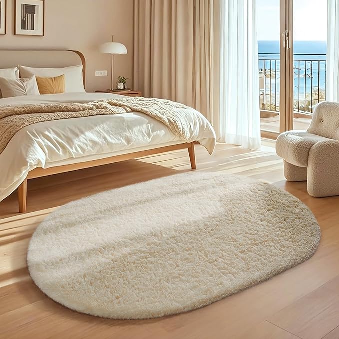 Ophanie 4x6 Oval Ivory Rugs for Bedroom Living Room, Fluffy Fuzzy Furry Carpet - Image 3
