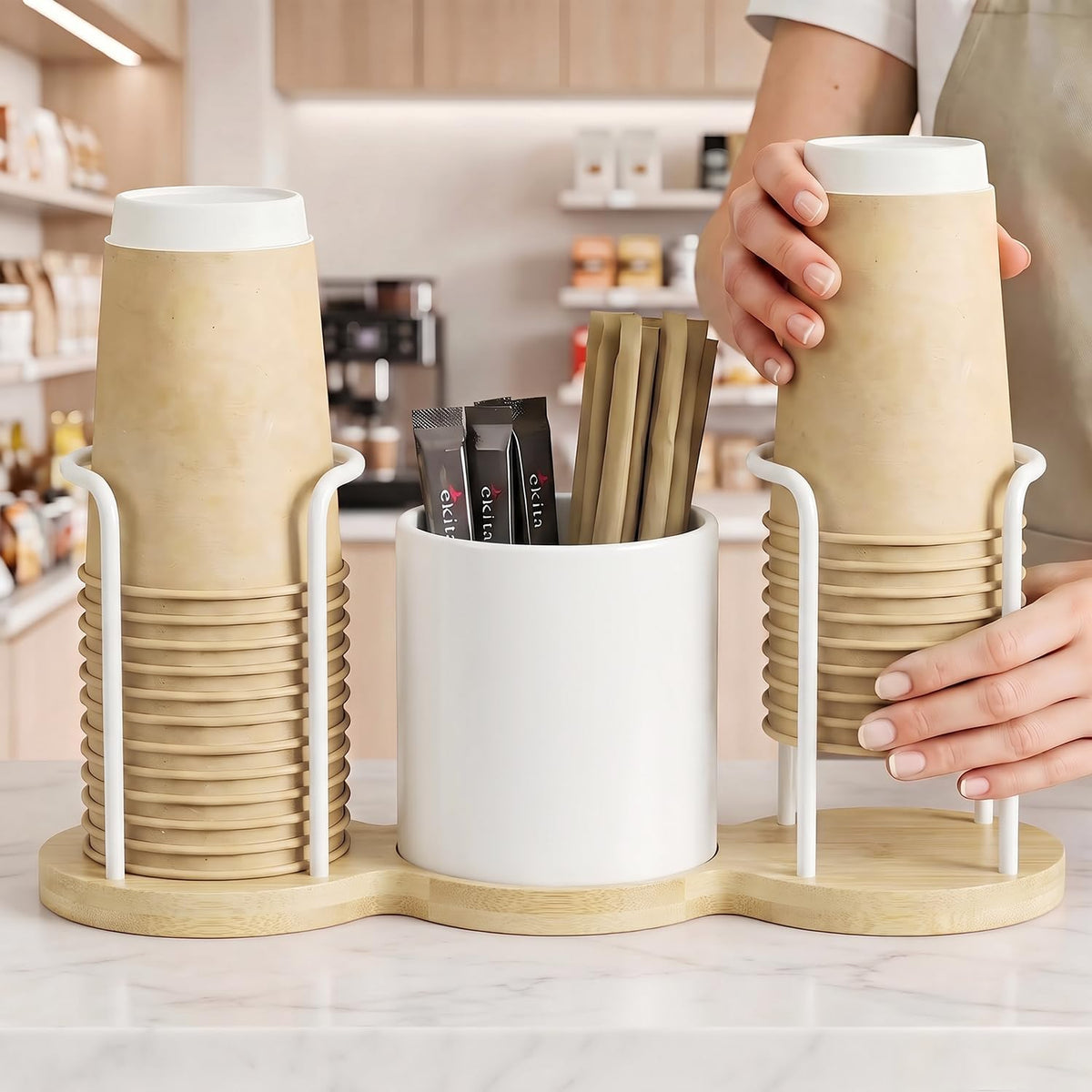 Coffee Station Organizer with Straw & Stirrer Storage Caddy for Cups Lids - Cup Mouth Dia 3.9", Disposable Paper Cup Holder Coffee and Tea Station Organizer for Coffee Bar, Office, Home Kitchen, White