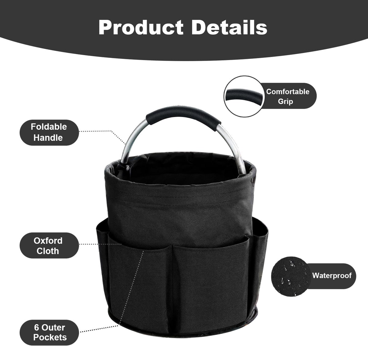 17L Cleaning Caddy with Handle, Cleaning Supplies Organizer, Foldable Storage Basket, Cleaning Supply Caddy, Portable Multi Cleaning Bucket Bag for Home, Garden (Black)