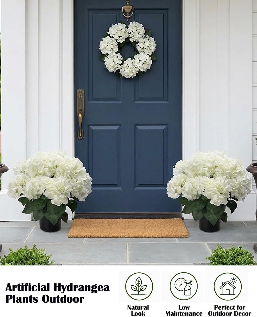 20” Artificial Hydrangea Plants Outdoor in Pots, Faux Hydrangea Bushes for Front Porch, Realistic White Fake Flowers for Patio Garden Indoor Home Decor