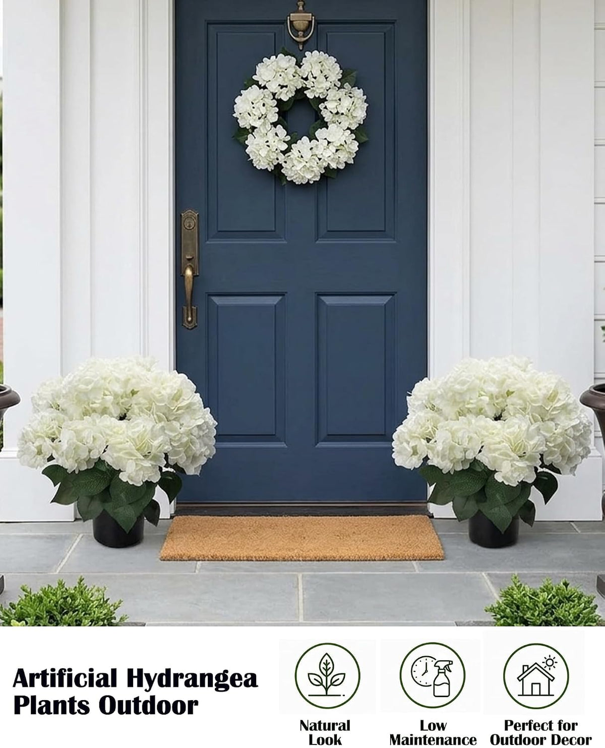 20” Artificial Hydrangea Plants Outdoor in Pots, Faux Hydrangea Bushes for Front Porch, Realistic White Fake Flowers for Patio Garden Indoor Home Decor