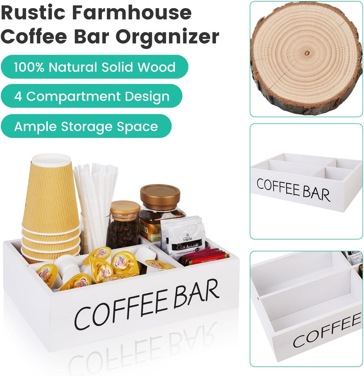 Coffee Bar Organizer – Wooden Coffee Station with 4 Compartments, Removable Dividers, and Condiment Storage for Home & Office