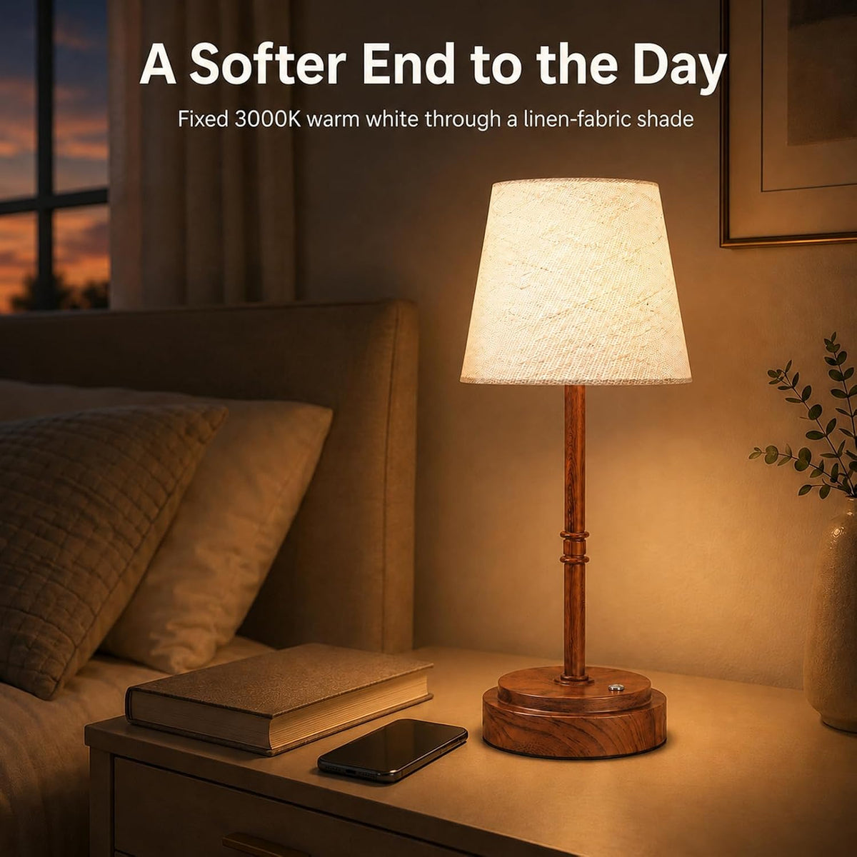 Rechargeable Cordless Table Lamp, Battery Operated Bedside Lamp, Wood Grain