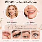 MOMOKUBA Makeup Mirror with Lights, 30X Magnifying Mirrors, Height Adjustable, Vanity Mirror with Lights Rechargeable 3 Color Modes, Double-Sided Detachable Travel Mirrors, Gift for Women, Pink/30X