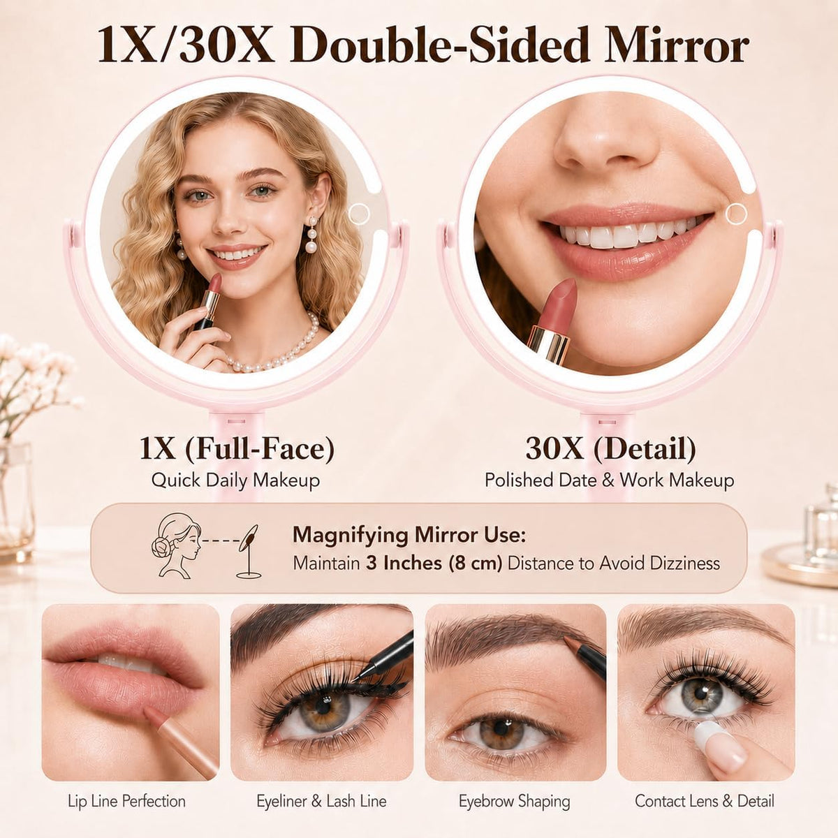 MOMOKUBA Makeup Mirror with Lights, 30X Magnifying Mirrors, Height Adjustable, Vanity Mirror with Lights Rechargeable 3 Color Modes, Double-Sided Detachable Travel Mirrors, Gift for Women, Pink/30X