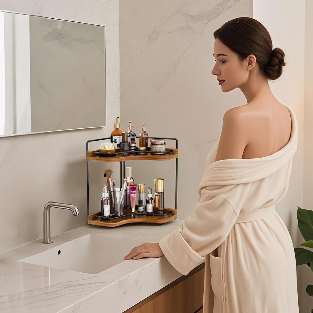 2-Tier Corner Bathroom Counter Organizer, Larger, Acacia Wood